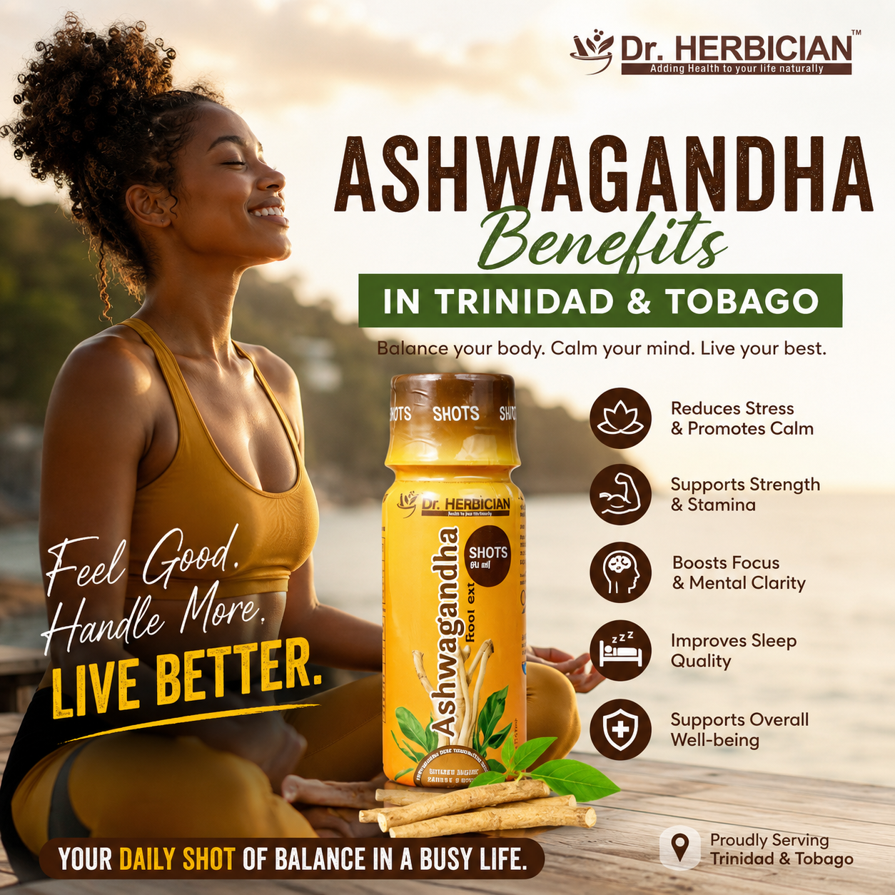 Dr Herbician Ashwagandha supplement showcasing the powerful Ashwagandha benefits in Trinidad and Tobago for stress support, energy, wellness, and overall health.