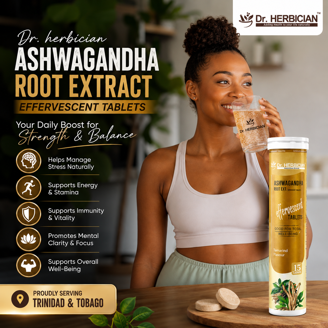 Dr. Herbician Ashwagandha Root Extract Effervescent Tablets Trinidad and Tobago with a woman enjoying an effervescent wellness drink, supporting stress management, energy, mental focus, immunity, and overall well-being.