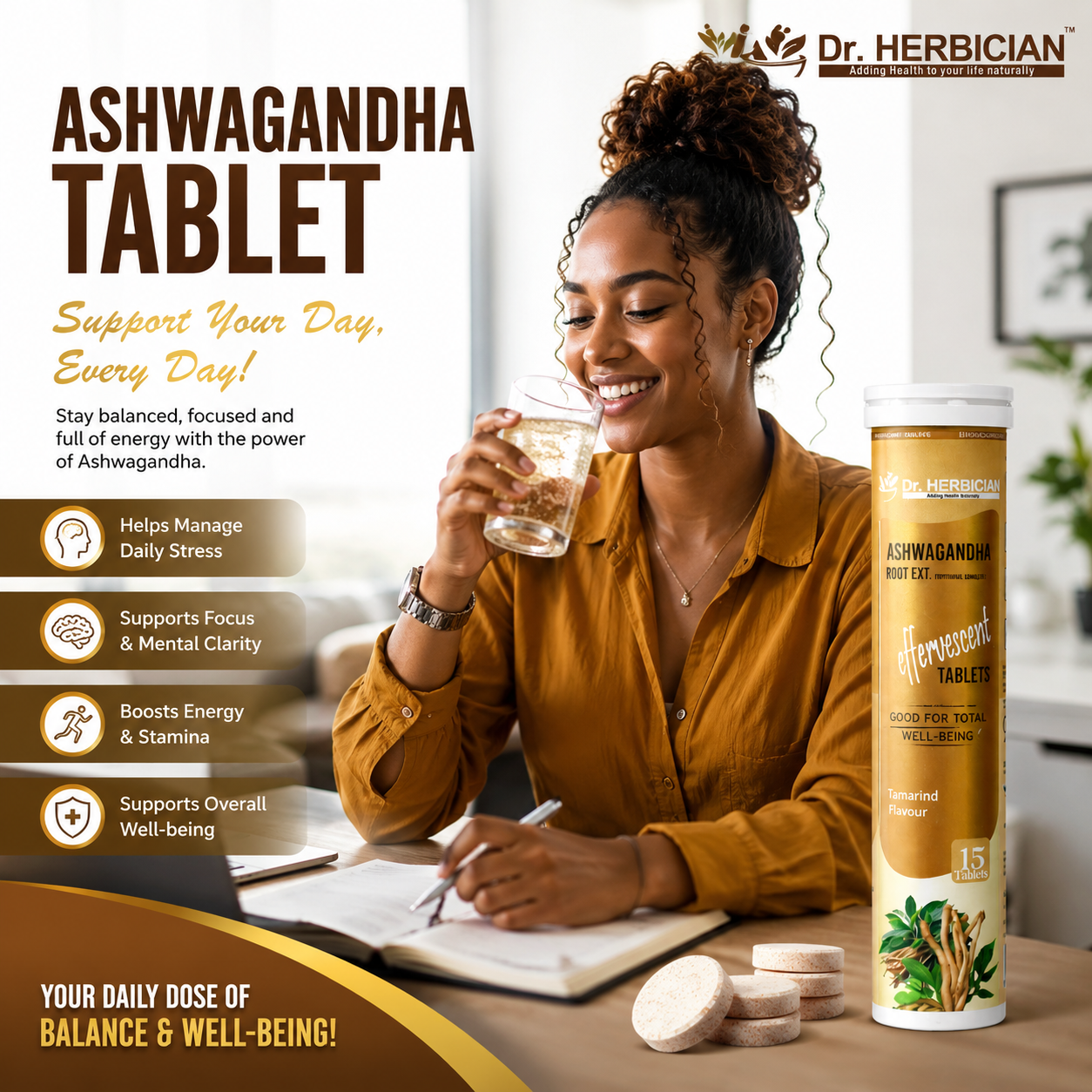 Dr. Herbician Ashwagandha Tablet Trinidad and Tobago with wellness benefits including stress support, mental clarity, energy boost, focus enhancement, and overall well-being.