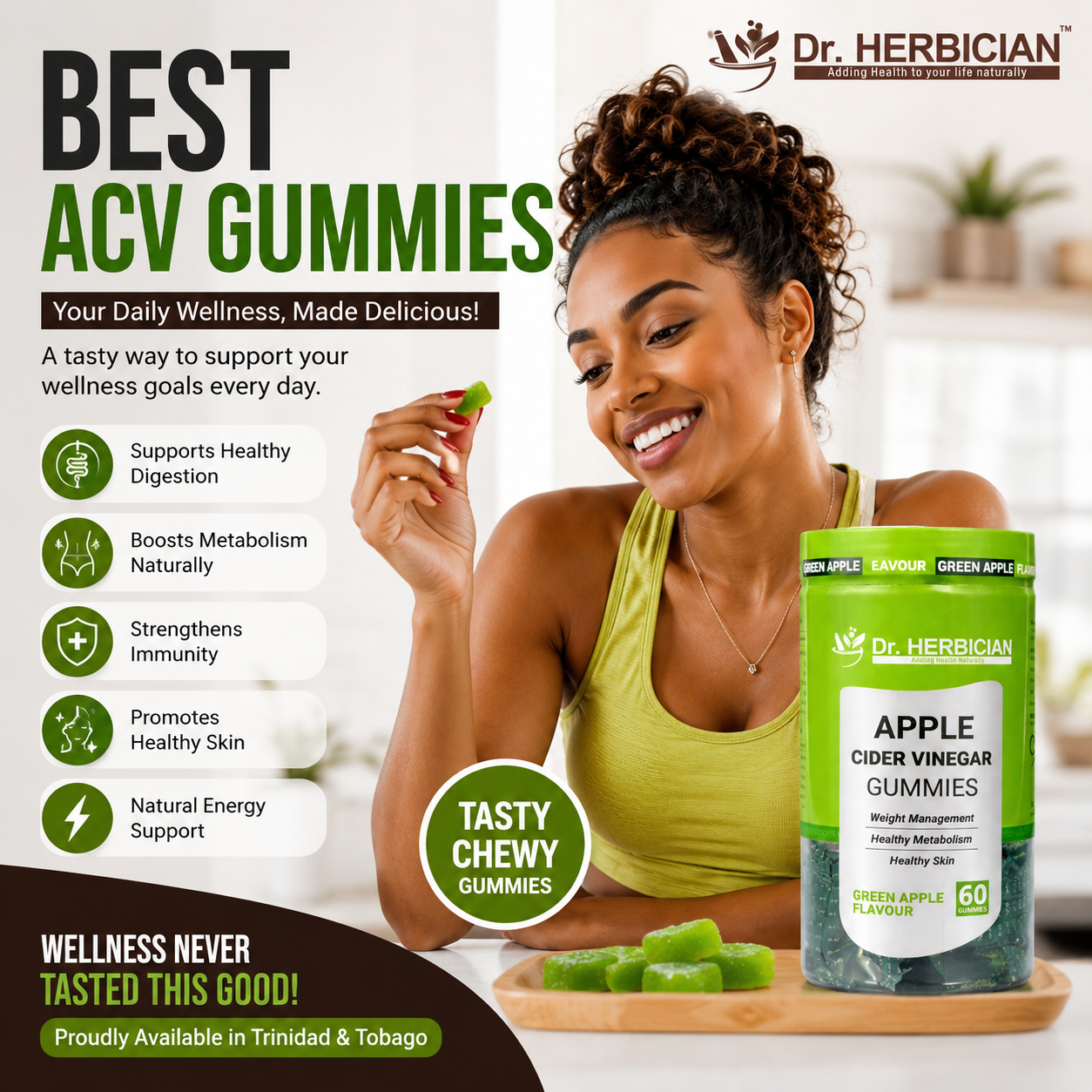 Dr Herbician Best ACV Gummies Trinidad and Tobago with green apple flavor supporting healthy digestion, metabolism, immunity, and wellness.