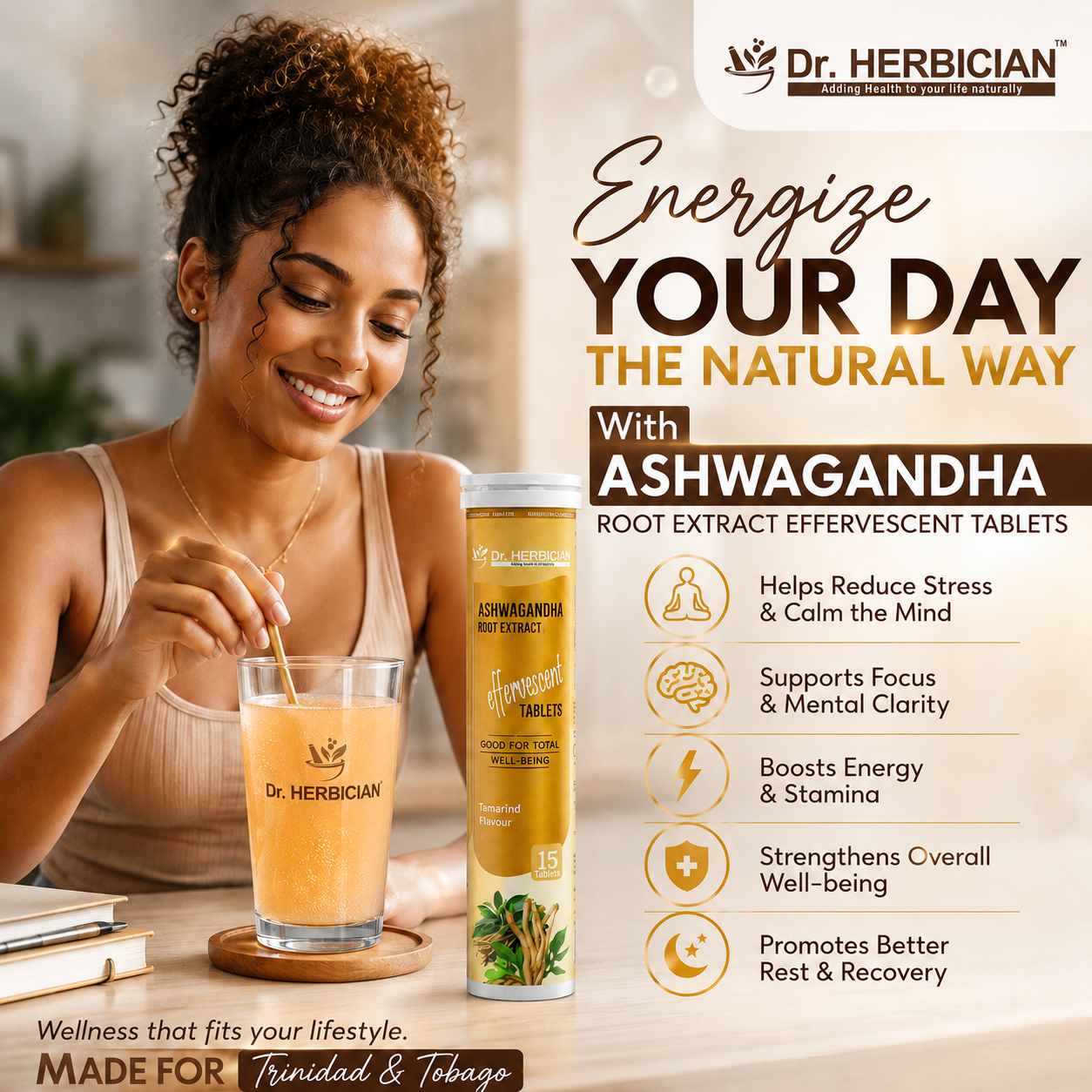 Dr. Herbician Ashwagandha Effervescent Tablets Trinidad and Tobago supporting energy, focus, stress management, and daily wellness
