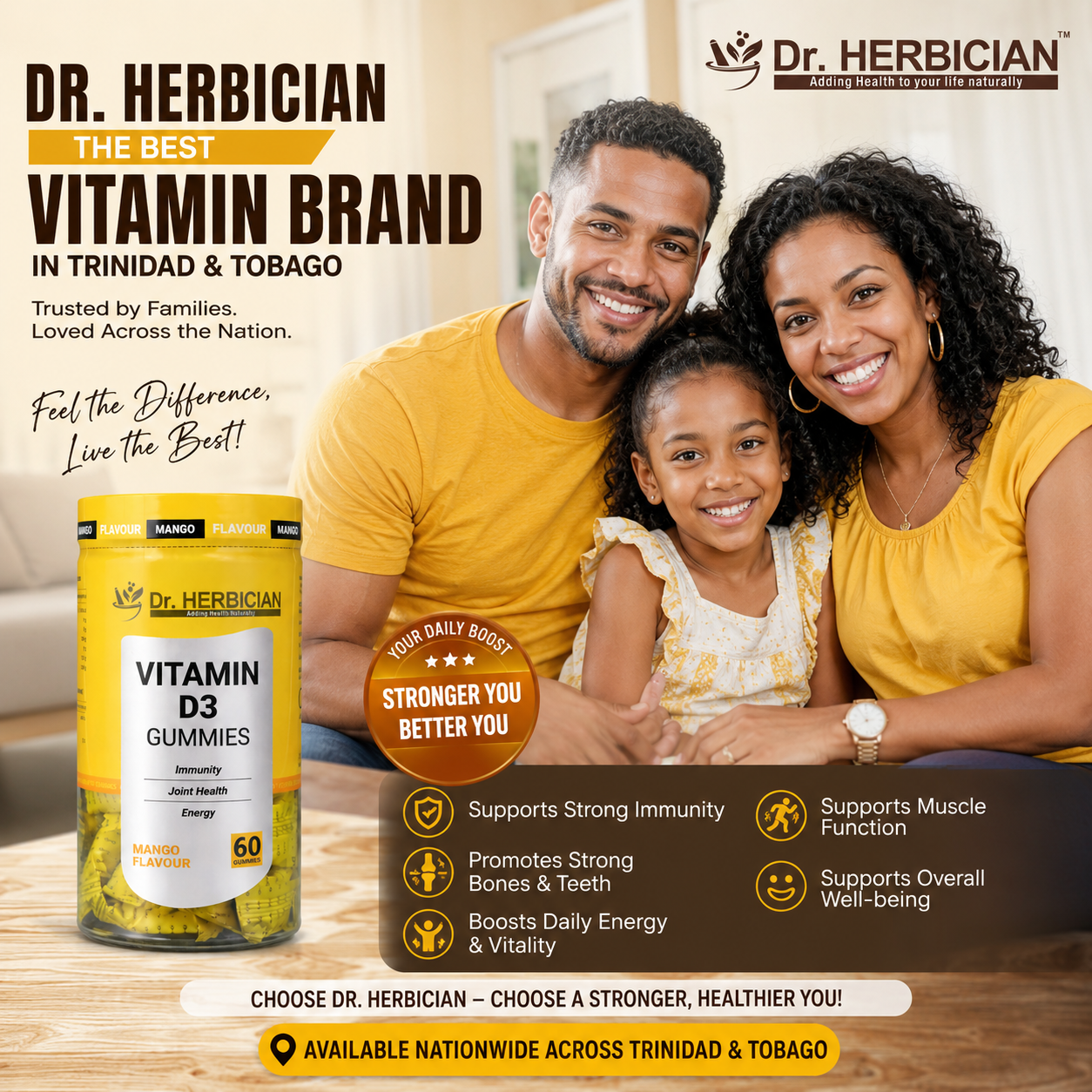 Dr. Herbician Vitamin D3 Gummies – the best vitamin brand in Trinidad & Tobago, supporting immunity, bone health, muscle function, energy, and overall well-being for the whole family.