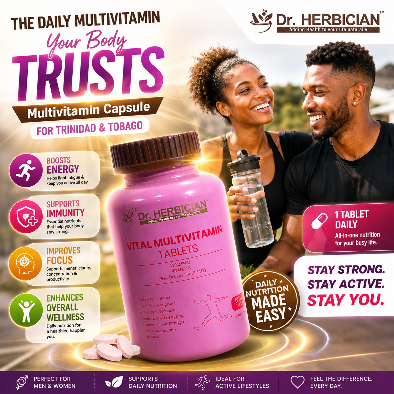 Dr Herbician multivitamin capsule/ tablet Trinidad and Tobago supporting daily nutrition, energy, immunity, and overall wellness with essential vitamins and minerals.