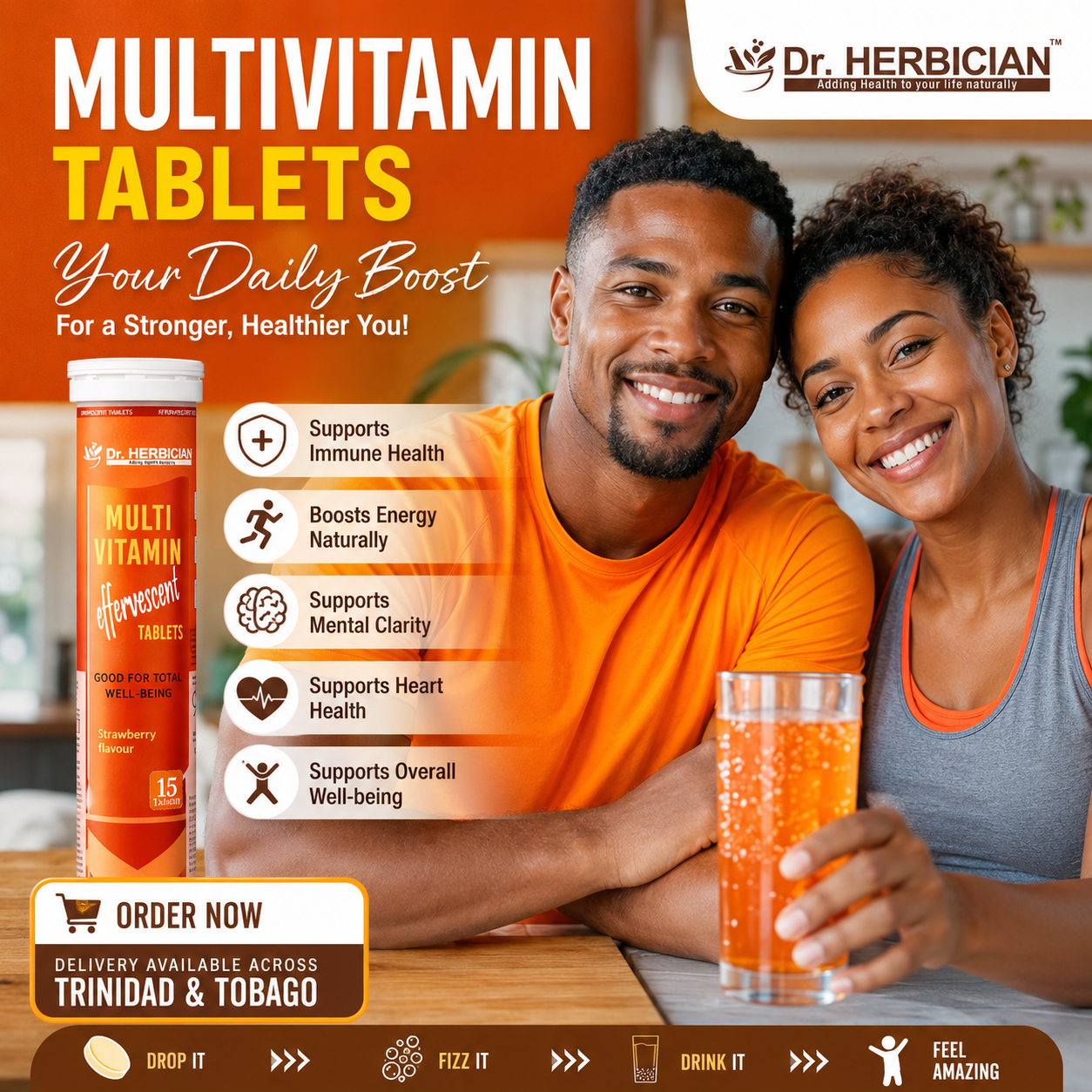 Dr. Herbician effervescent multivitamin tablets Trinidad and Tobago for daily energy, immunity, wellness, and nutritional support.