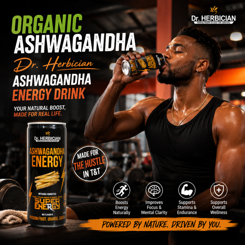 Organic Ashwagandha Dr. Herbician Ashwagandha Energy Drink in Trinidad and Tobago promoting natural energy, mental focus, stress support, stamina, and daily wellness for an active lifestyle.