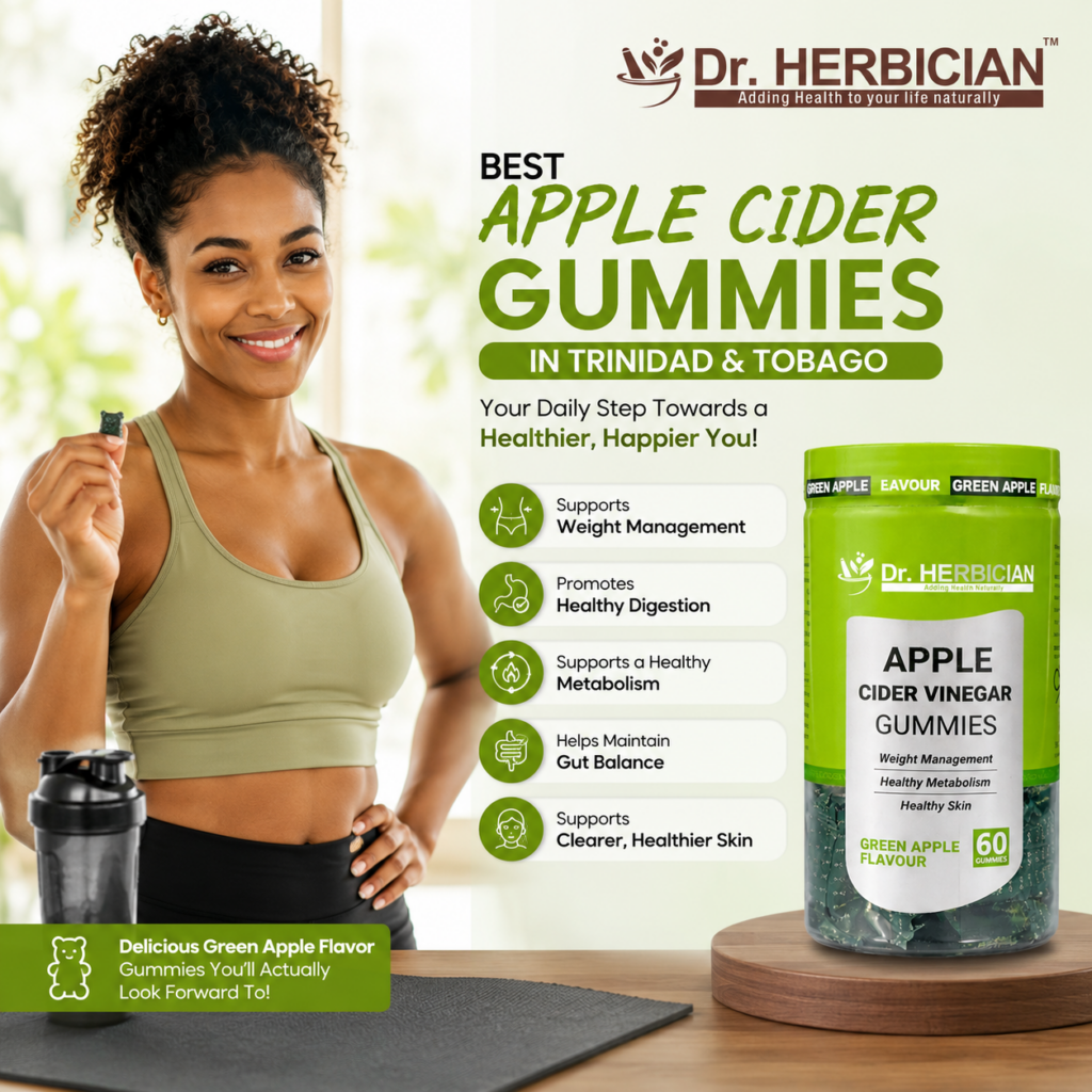 Premium promotional image of Dr. Herbician Apple Cider Vinegar Gummies displayed on a modern green podium with the Dr. Herbician logo in the top-right corner. The image highlights key benefits including weight management support, healthy digestion, healthy metabolism, gut balance, and healthier skin for people searching for the best apple cider gummies in Trinidad and Tobago.