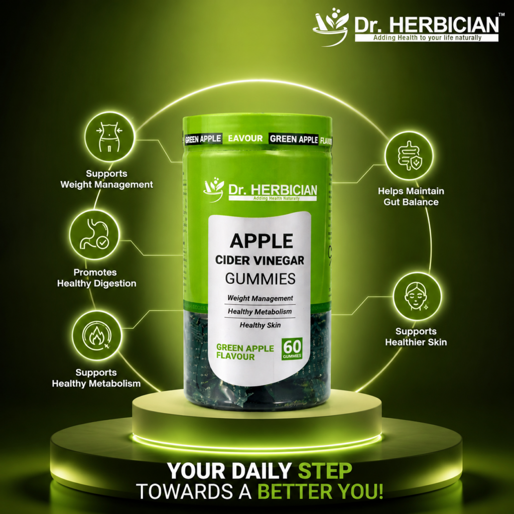 Dr. Herbician Apple Cider Vinegar Gummies displayed on a premium green podium with the brand logo in the top right corner. The promotional image highlights key benefits including weight management support, healthy digestion, healthy metabolism, gut balance, and healthier skin. Designed for people searching for the best apple cider gummies in Trinidad and Tobago.