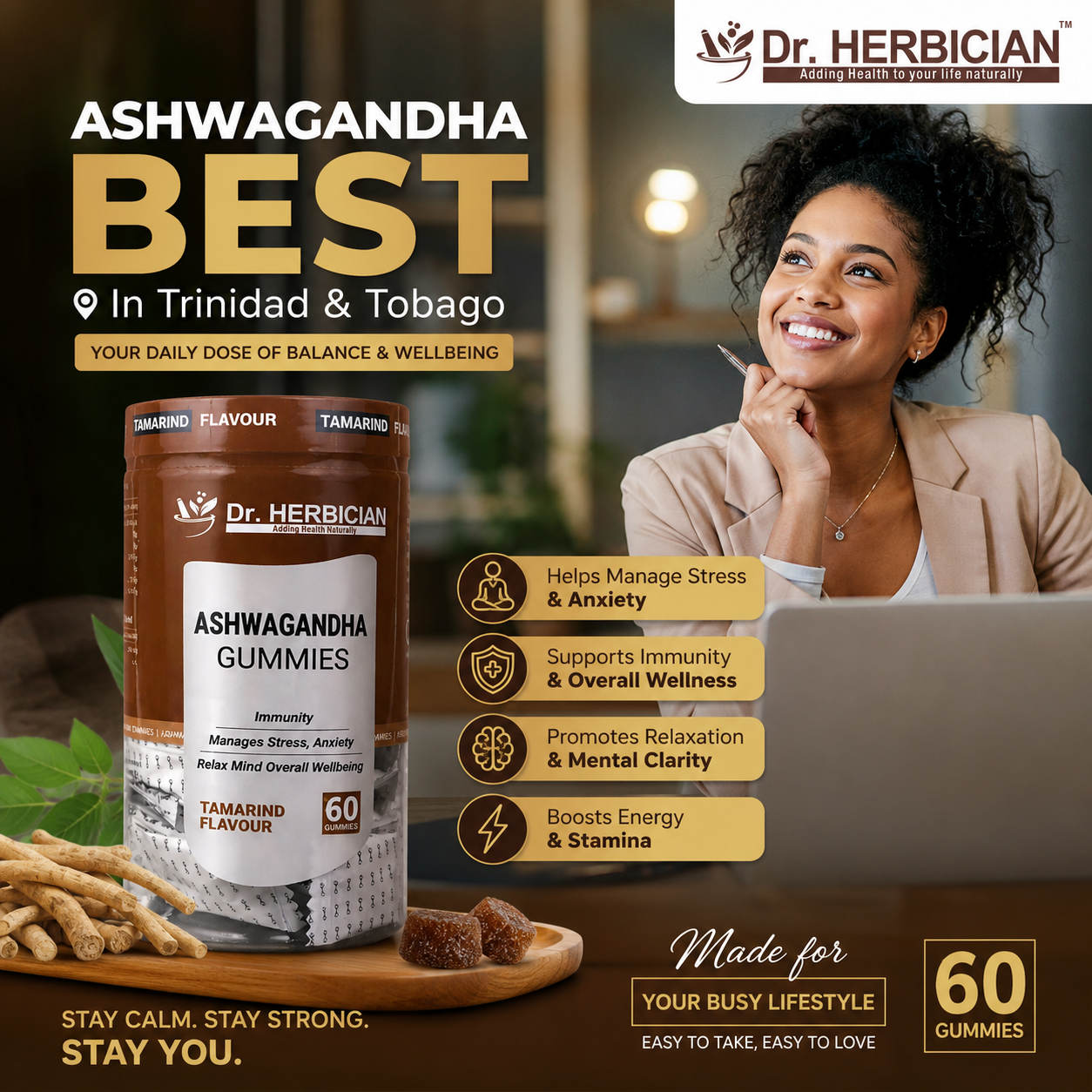 Dr. Herbician Ashwagandha Gummies promotional image highlighting the best ashwagandha supplement in Trinidad and Tobago with benefits including stress management, immunity support, mental clarity, and energy.