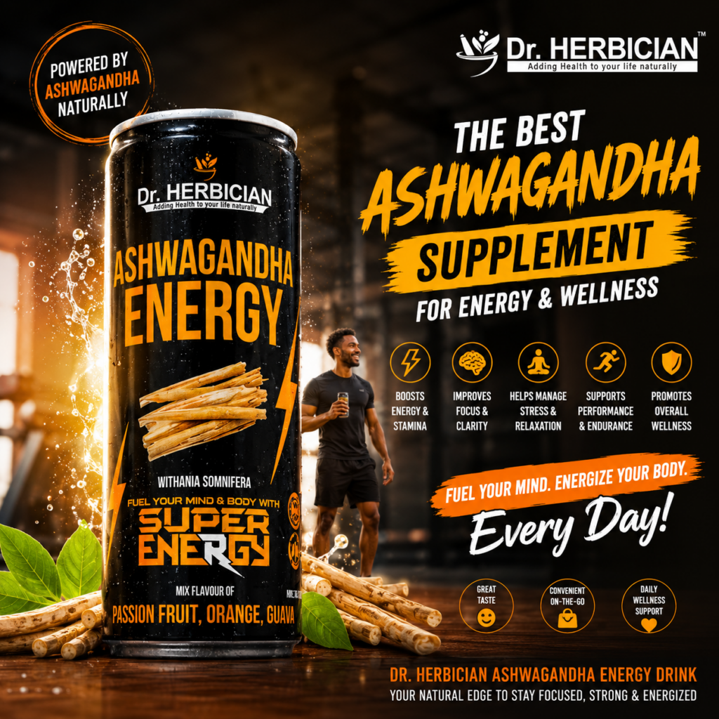 Dr. Herbician Ashwagandha Energy Drink featured as the best Ashwagandha supplement in Trinidad and Tobago with a large product display, active Trinidad and Tobago-inspired athlete in the background, and benefits including energy, focus, stress support, endurance, and overall wellness.