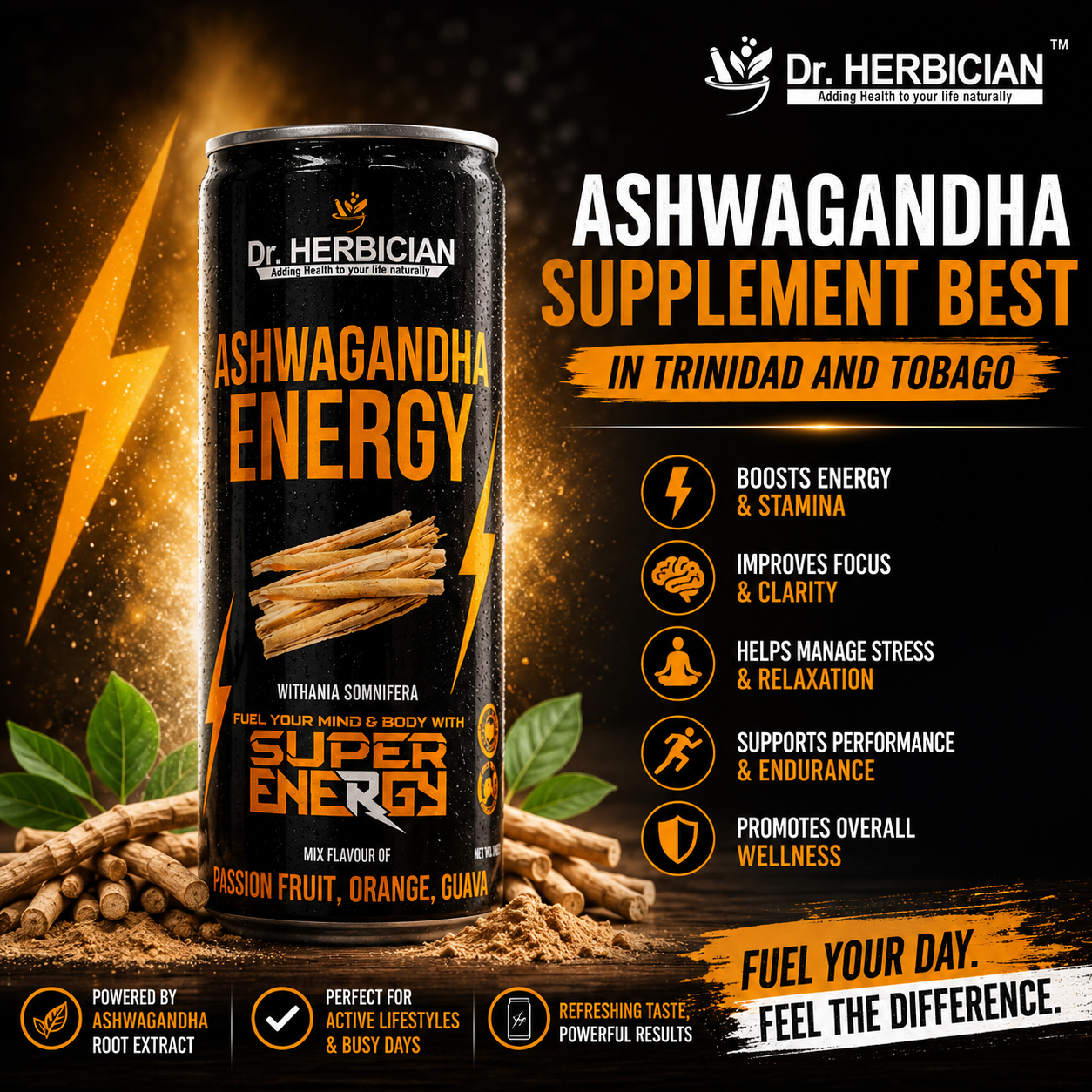 Best Ashwagandha Supplement in Trinidad and Tobago – Dr. Herbician Ashwagandha Energy Drink supporting energy, focus, stress management, performance, and overall wellness.