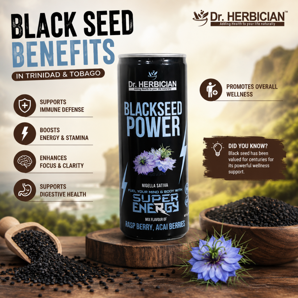 Black Seed Benefits in Trinidad and Tobago – Dr. Herbician Blackseed Power Energy Drink Supporting Immunity, Energy, Focus and Digestive Health