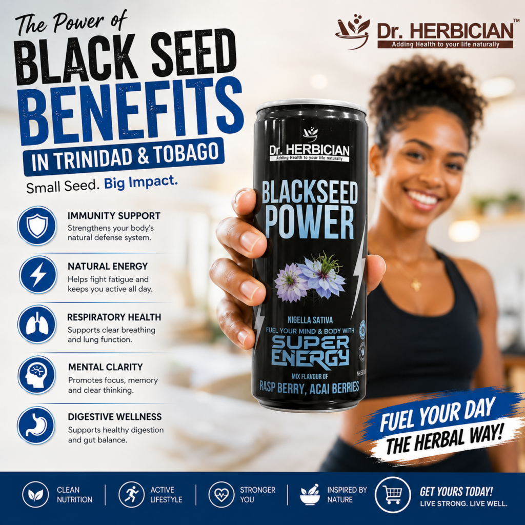 Black Seed Benefits in Trinidad and Tobago – Dr. Herbician Blackseed Power energy drink supporting immunity, natural energy, respiratory health, mental clarity, and digestive wellness.