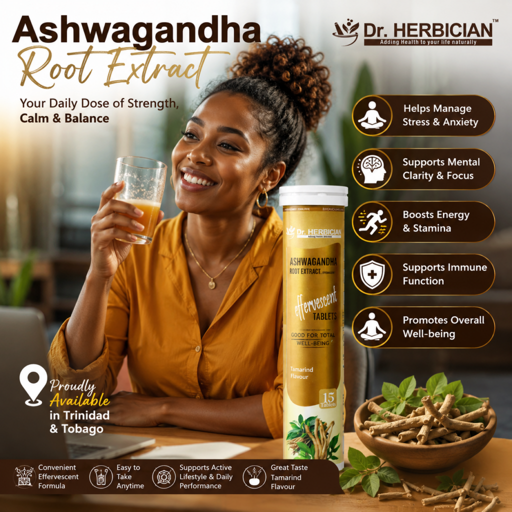 Dr. Herbician Ashwagandha Root Extract Effervescent Tablets in Trinidad and Tobago with a smiling woman enjoying a tamarind-flavoured wellness drink for stress relief, mental focus, energy, immune support, and overall well-being.