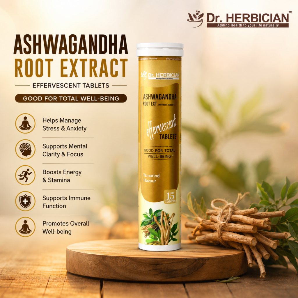 Dr. Herbician Ashwagandha Root Extract Effervescent Tablets in Trinidad and Tobago with benefits including stress support, mental clarity, energy, immune support, and overall well-being.