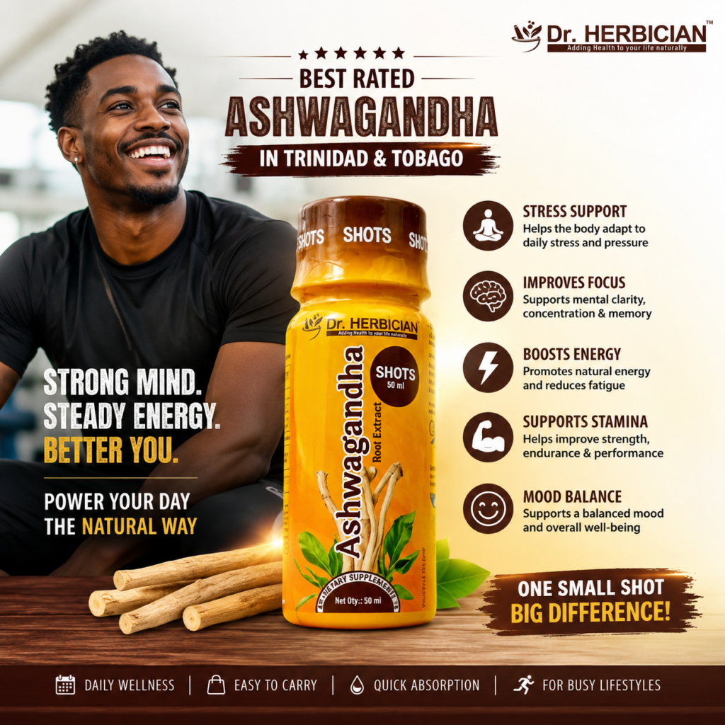 Best Rated Ashwagandha in Trinidad and Tobago featuring Dr. Herbician Ashwagandha Root Extract Shots 50ml with key wellness benefits including stress support, improved focus, boosted energy, stamina, and mood balance.