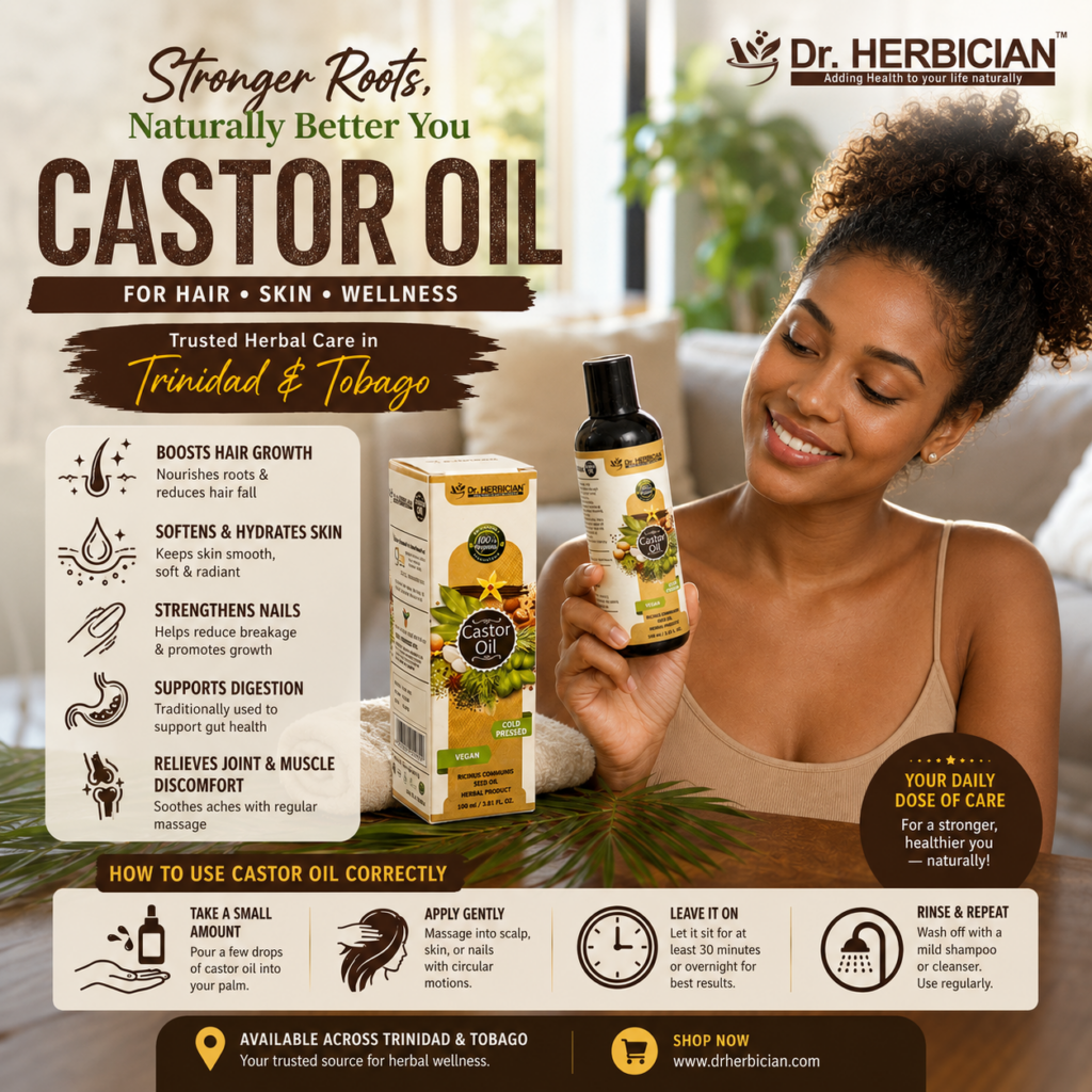 Dr. Herbician Castor Oil in Trinidad and Tobago featuring a woman holding the castor oil bottle, highlighting benefits for hair growth, skin hydration, nail strength, and proper castor oil usage.