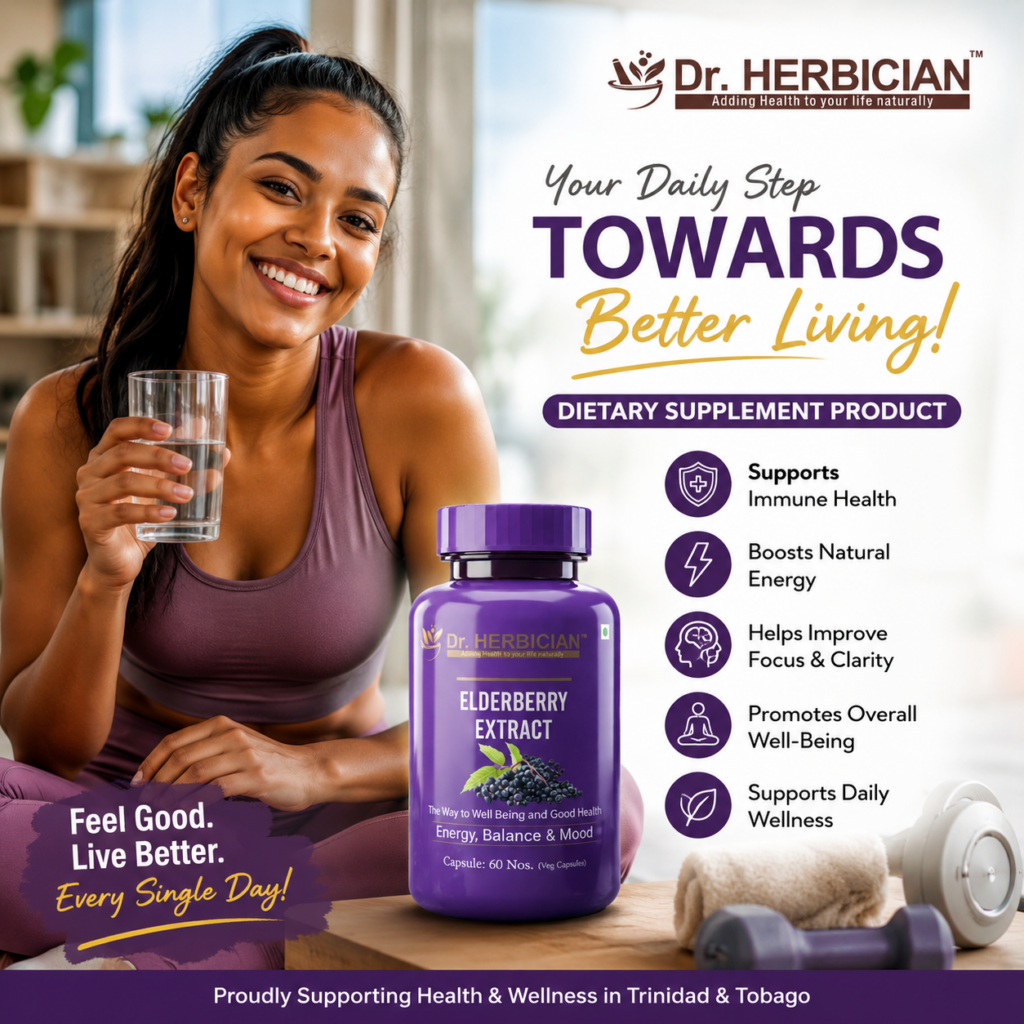 Dr. Herbician Elderberry Extract dietary supplement product in Trinidad and Tobago supporting immune health, natural energy, focus, clarity, and daily wellness.