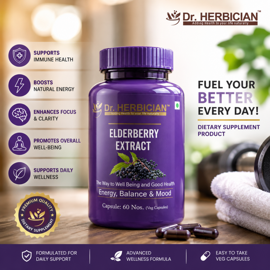 Dr. Herbician Elderberry Extract dietary supplement product in Trinidad and Tobago featuring immune support, natural energy, focus, and daily wellness capsules.