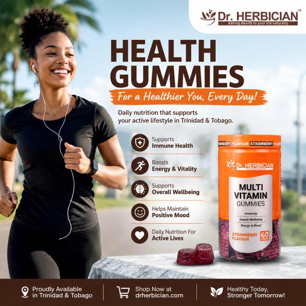 Dr Herbician Multivitamin Gummies bottle with woman jogging — Health Gummies Trinidad and Tobago for immunity, energy, and daily wellness