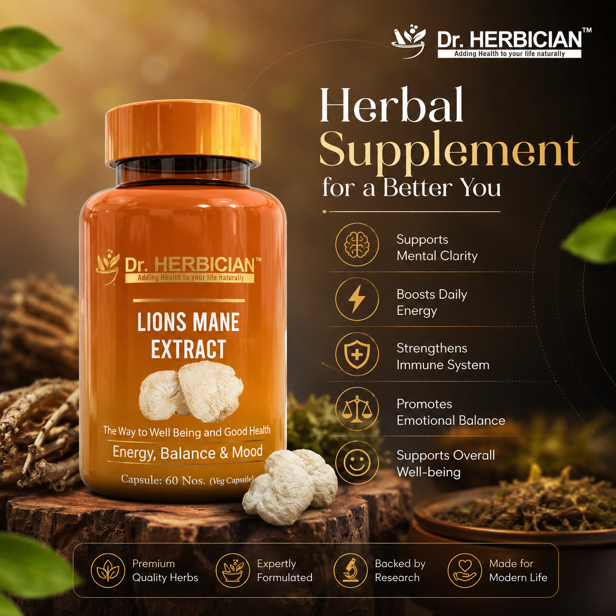 Dr. Herbician Lion's Mane Extract herbal supplement bottle displayed in a premium product advertisement with a modern brown background, highlighting mental clarity, daily energy, immune support, emotional balance, and overall well-being for customers in Trinidad and Tobago.