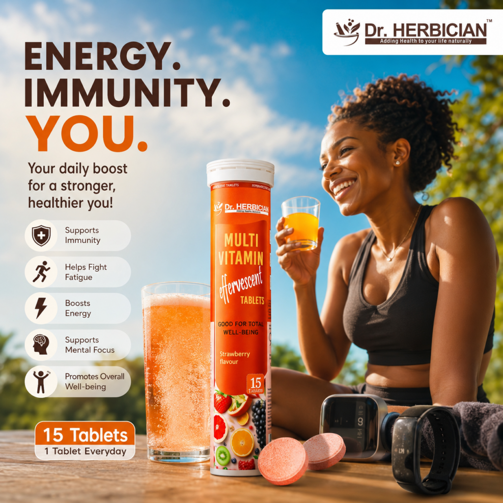 Dr. Herbician Multivitamin Effervescent Tablets with a smiling Trinidad and Tobago woman enjoying her daily vitamin drink, highlighting energy, immunity, mental focus, and overall wellness.