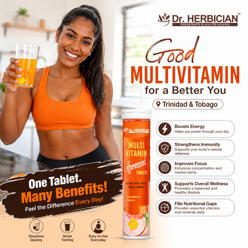 Dr. Herbician Good Multivitamin Trinidad and Tobago effervescent tablets with a smiling Trinidad and Tobago woman promoting daily energy, immune support, mental focus, and overall wellness.