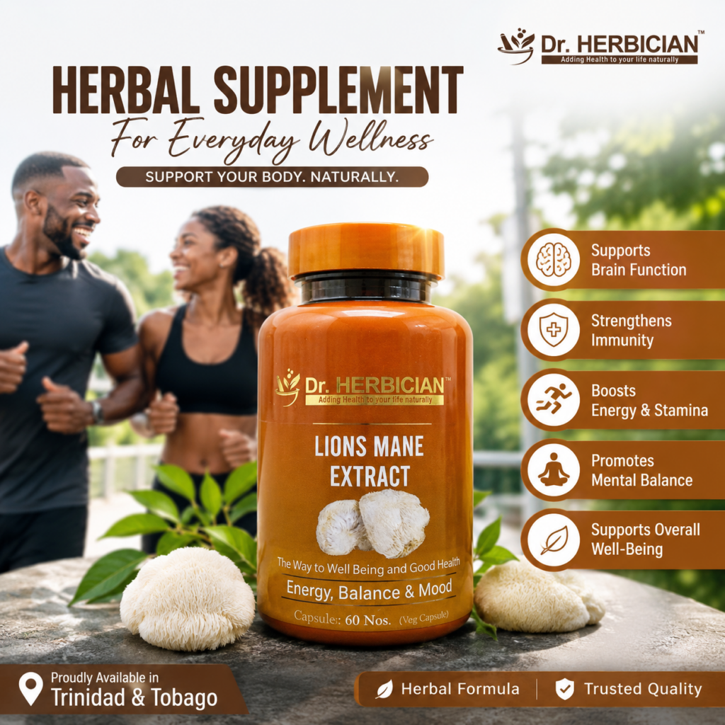 Dr. Herbician Lion's Mane Extract herbal supplement bottle featured in a premium wellness advertisement for Trinidad and Tobago, highlighting brain function, immunity, energy, mental balance, and overall well-being with a modern outdoor lifestyle background.