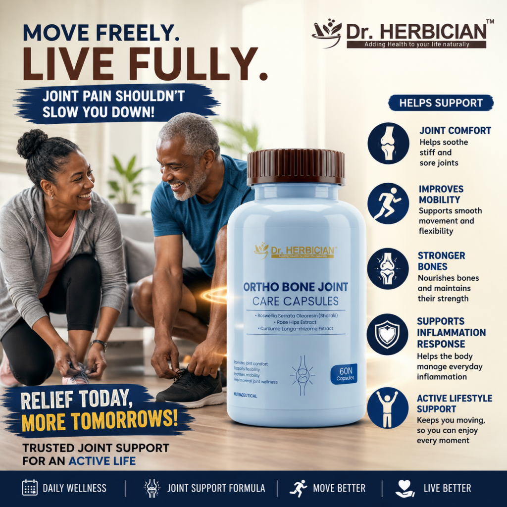 Joint Pain Relief in Trinidad and Tobago featuring Dr. Herbician Ortho Bone Joint Care Capsules with an active couple and key benefits including joint comfort, improved mobility, stronger bones, inflammation support, and an active lifestyle.