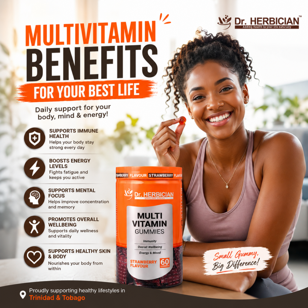 Smiling woman holding a Dr. Herbician Multivitamin Gummy with Dr. Herbician Multivitamin Gummies displayed, highlighting multivitamin benefits in Trinidad and Tobago for immunity, energy, mental focus, healthy skin, and overall wellbeing.
