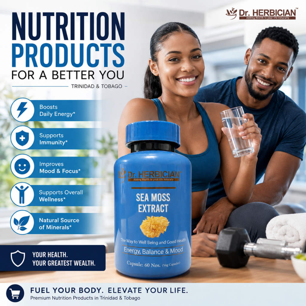 Dr. Herbician Sea Moss Extract nutrition products in Trinidad and Tobago supporting energy, immunity, overall wellness, and natural mineral intake.