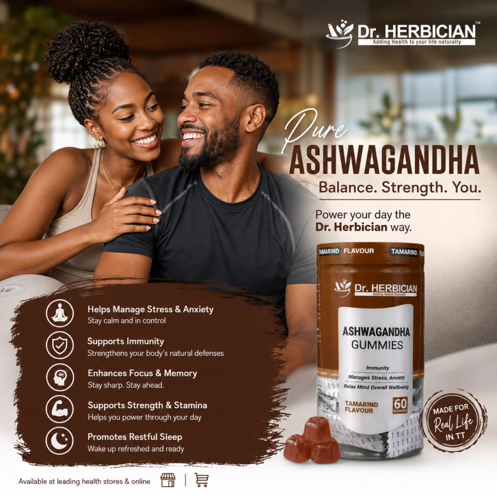 Dr. Herbician Pure Ashwagandha Gummies social media post featuring Trinidad and Tobago people and highlighting stress relief, immunity support, focus, stamina, and better sleep benefits.
