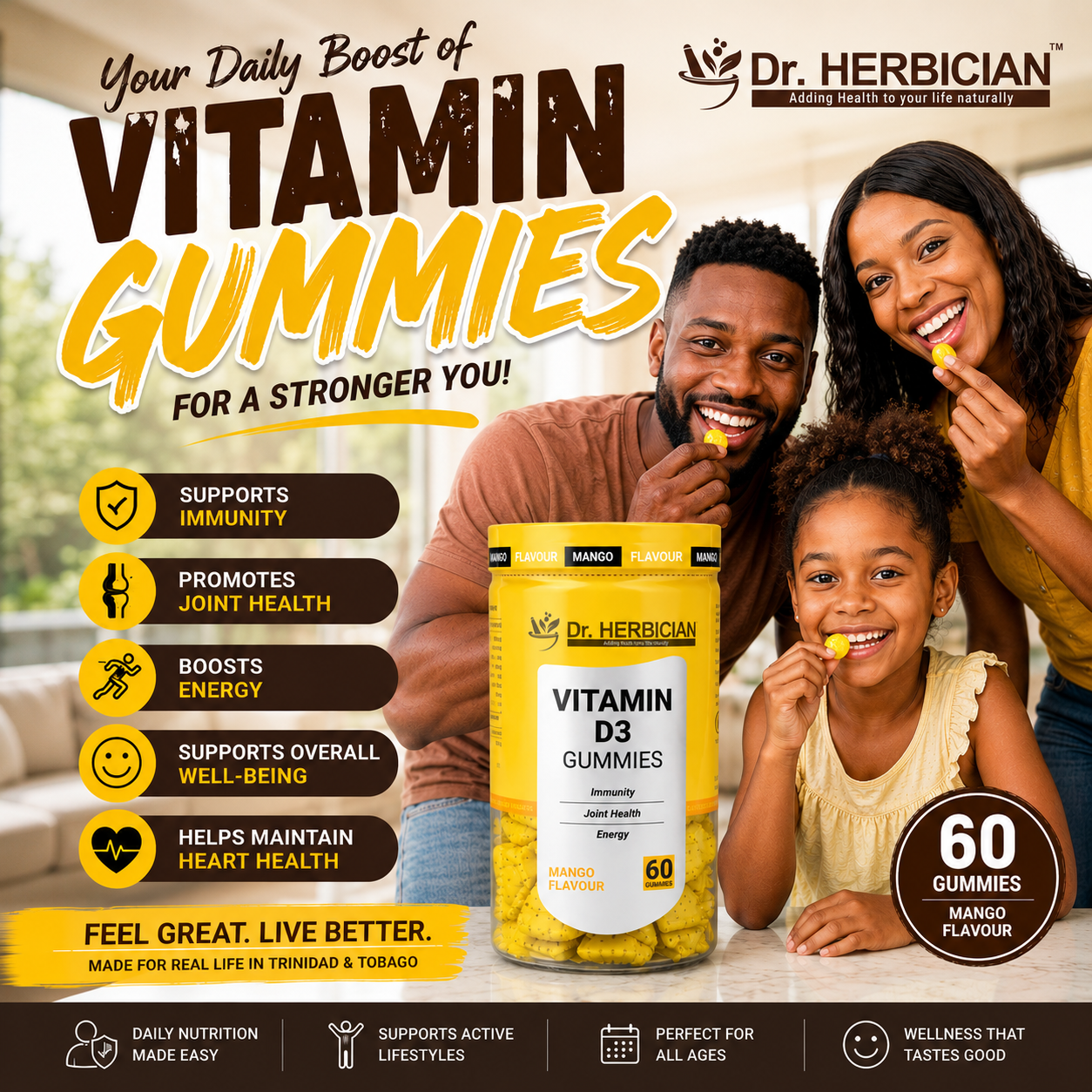 Dr Herbician Vitamin D3 Gummies in Trinidad and Tobago with a happy family enjoying mango-flavoured vitamin gummies for immunity, joint health, energy, heart health, and overall wellness.