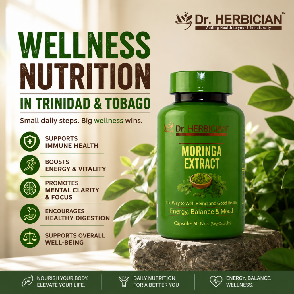 Dr. Herbician Moringa Extract wellness nutrition supplement displayed with key health benefits including immune support, energy, mental clarity, healthy digestion, and overall well-being for Trinidad and Tobago.