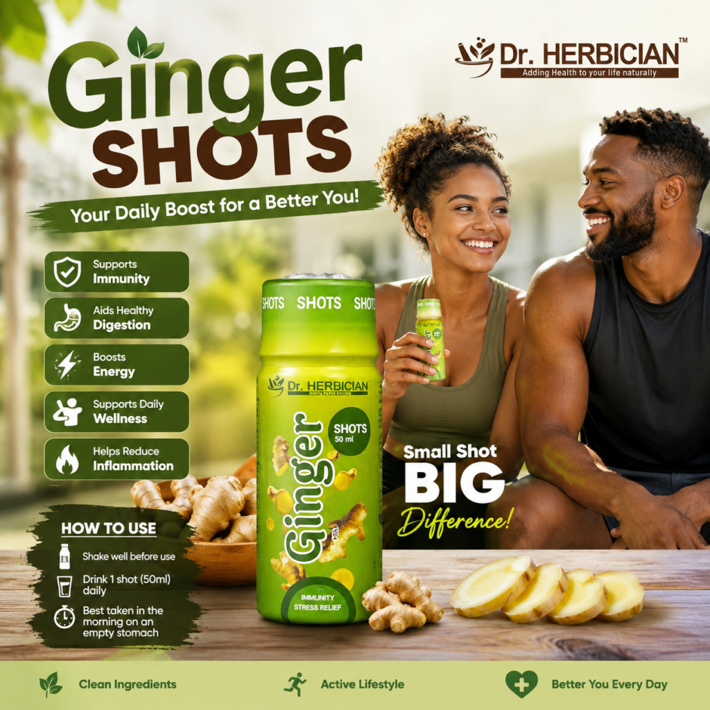 Dr. Herbician Ginger Shots 50ml for immunity support, digestion, energy, and daily wellness with a healthy Trinidad and Tobago lifestyle theme.