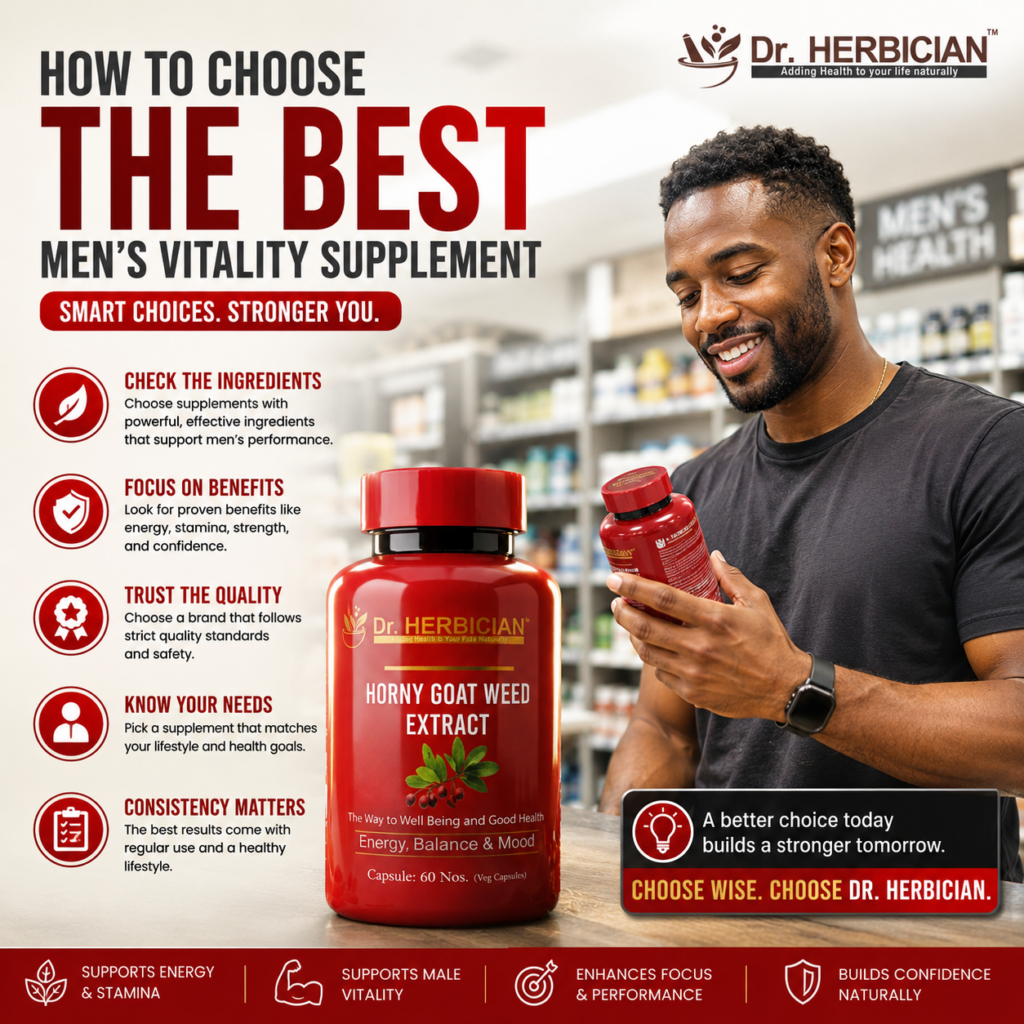 How to choose the best men's vitality supplement in Trinidad and Tobago featuring Dr. Herbician Horny Goat Weed Extract with a shopper comparing supplements and key buying tips.