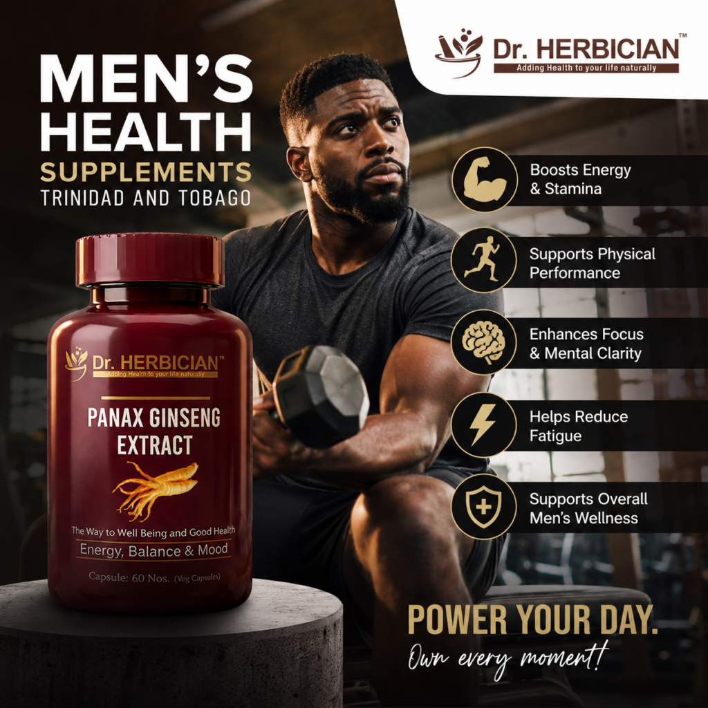 Dr. Herbician Panax Ginseng Extract for Men's Health Supplements in Trinidad and Tobago, supporting energy, stamina, physical performance, focus, mental clarity, and overall men's wellness.