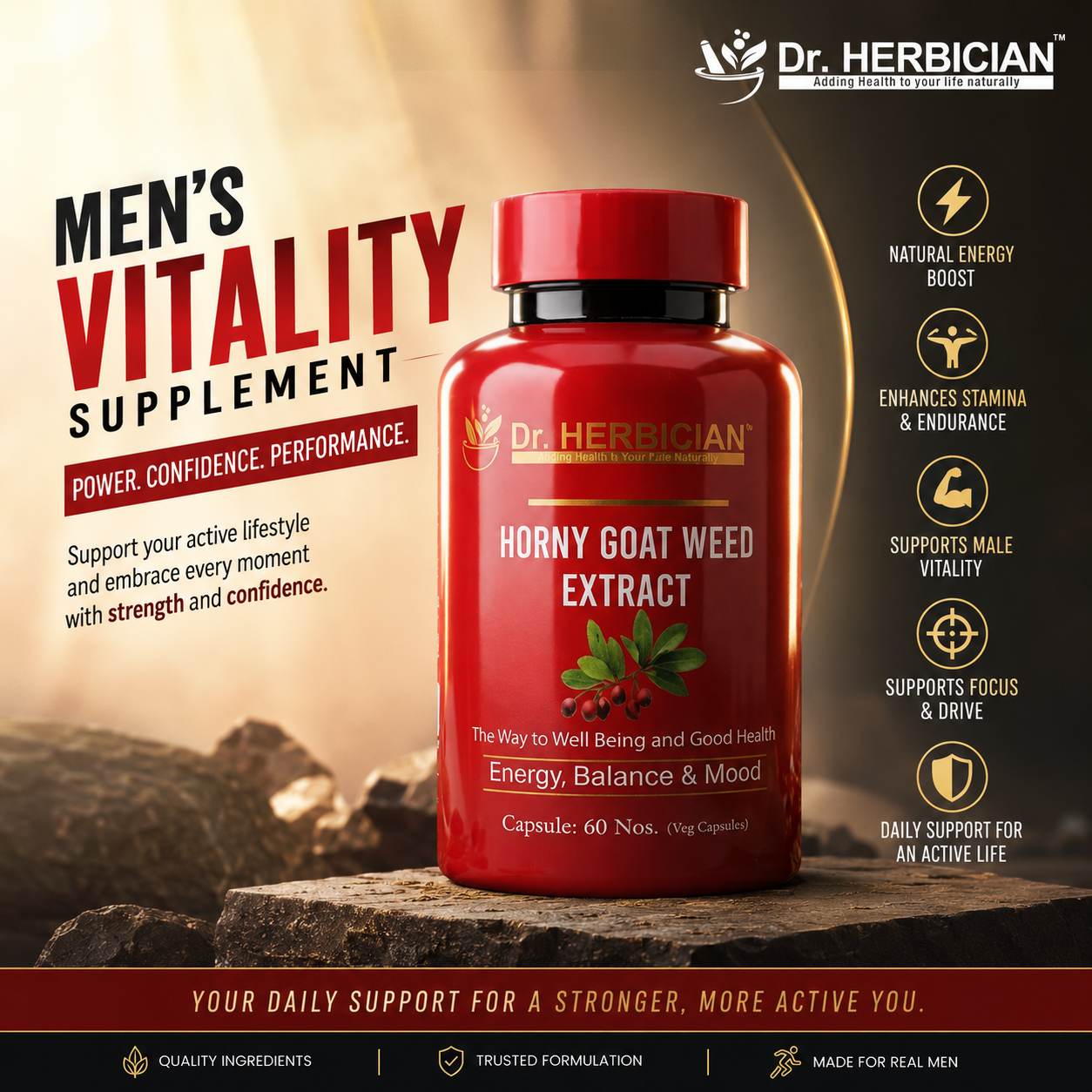 Dr. Herbician Men's Vitality Supplement with Horny Goat Weed Extract for natural energy, stamina, male vitality, and daily wellness in Trinidad and Tobago.