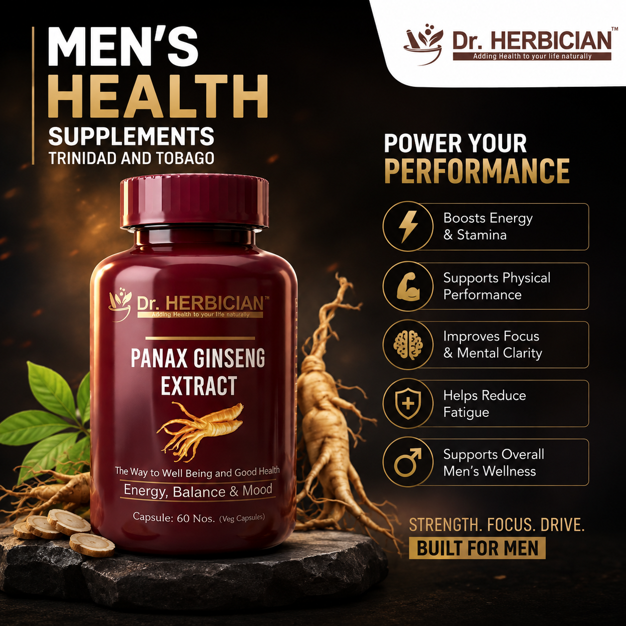Dr. Herbician Panax Ginseng Extract - Men's Health Supplements in Trinidad and Tobago for energy, stamina, focus, physical performance, and daily wellness.