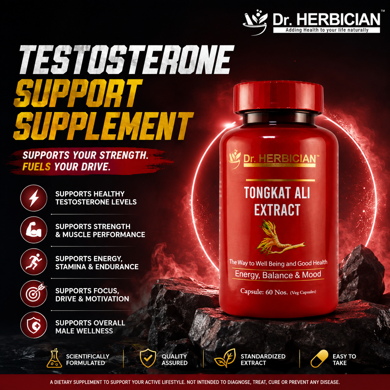 Dr. Herbician Tongkat Ali Extract testosterone support supplement in Trinidad and Tobago, featuring a red supplement bottle with benefits for strength, energy, stamina, focus, and male wellness.
