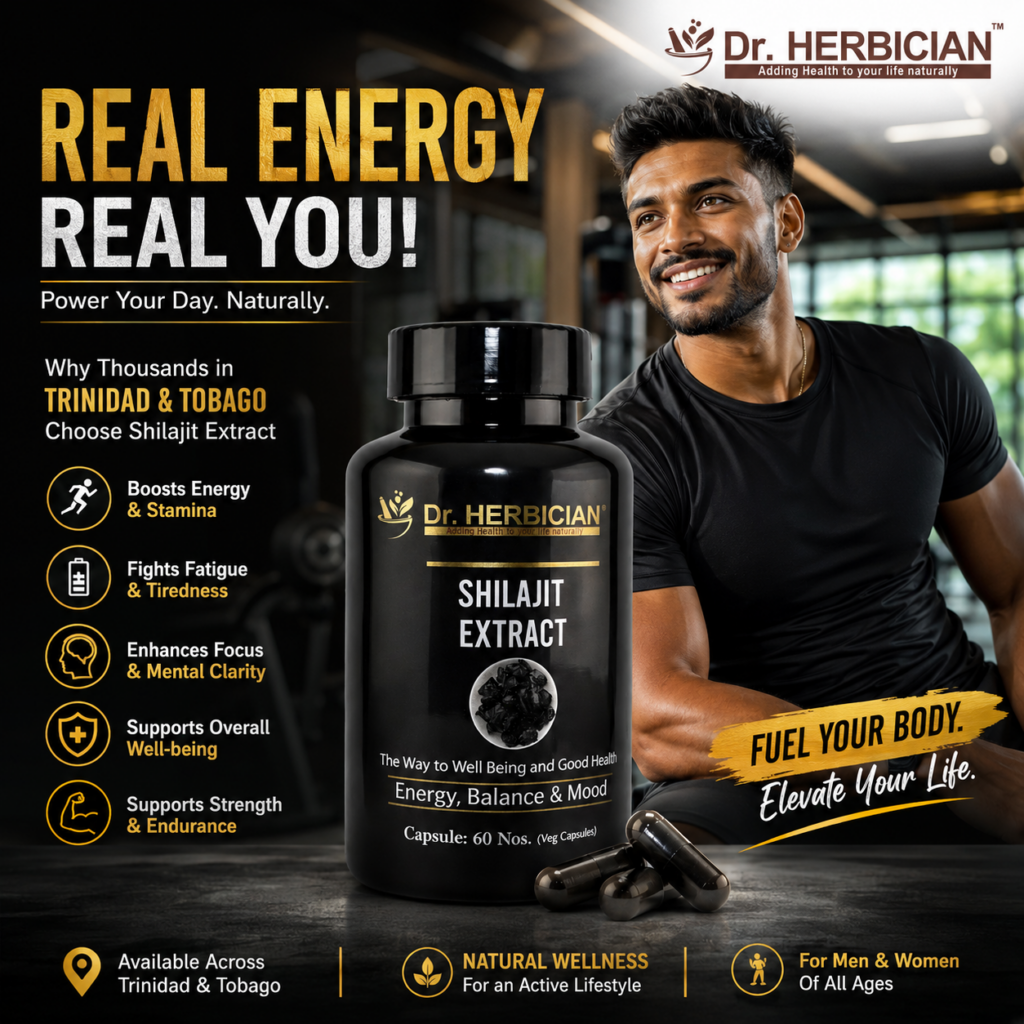 Dr. Herbician Shilajit Extract energy capsules in Trinidad and Tobago, featuring a realistic man in a gym and highlighting energy, stamina, focus, strength, endurance, and overall wellness.