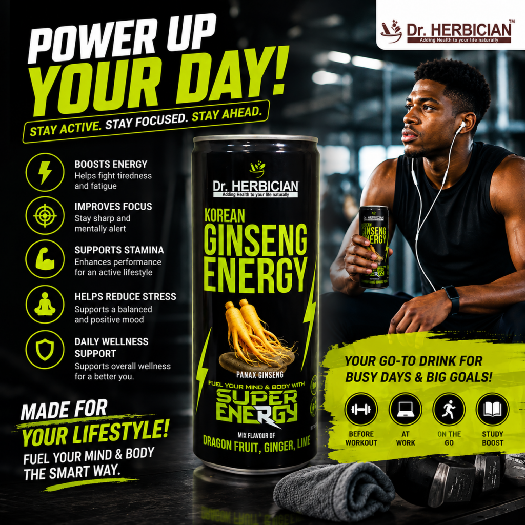 Dr. Herbician Korean Ginseng Energy Drink featuring a fitness-focused man holding the drink in a gym, promoting an active lifestyle and everyday wellness support in Trinidad and Tobago.