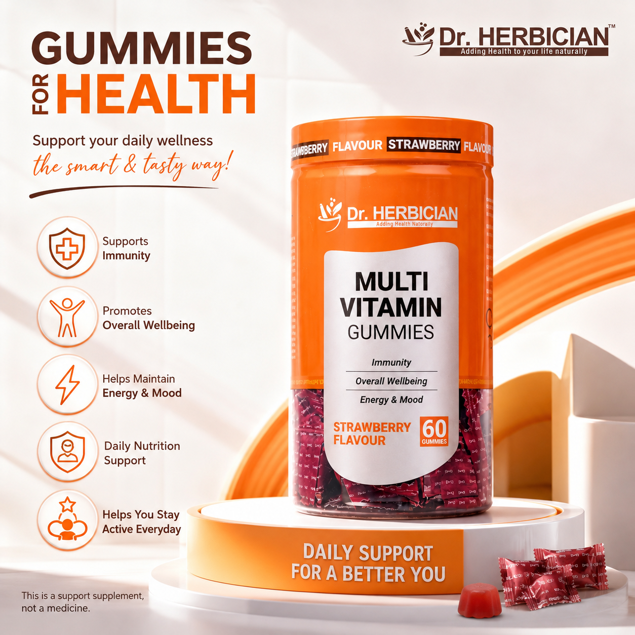 Dr. Herbician Multivitamin Gummies in strawberry flavour, promoting daily wellness, immunity support, overall wellbeing, energy and mood support in Trinidad and Tobago.