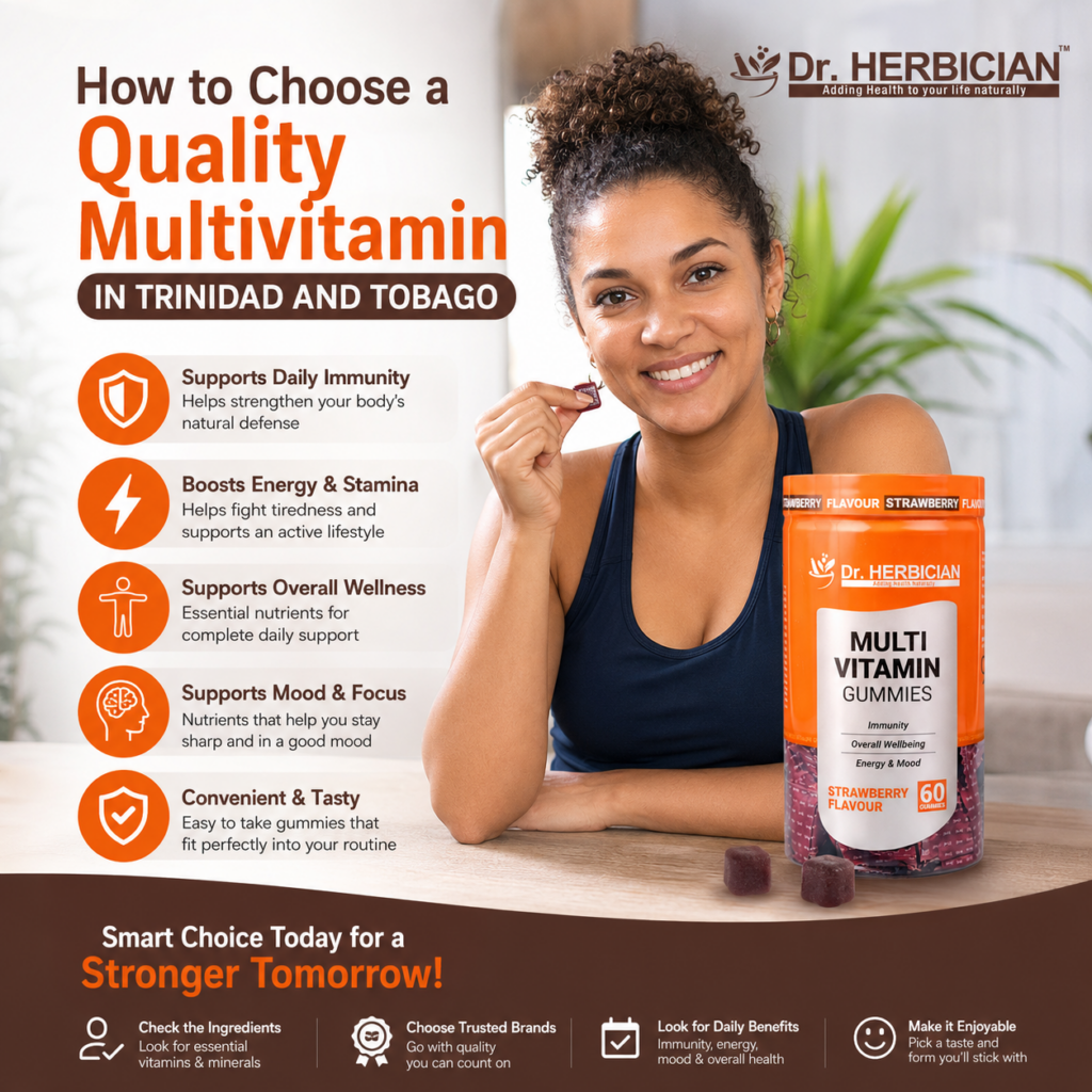 Dr. Herbician multivitamin gummies for health in Trinidad and Tobago with a quality multivitamin selection guide and a woman enjoying a daily gummy.