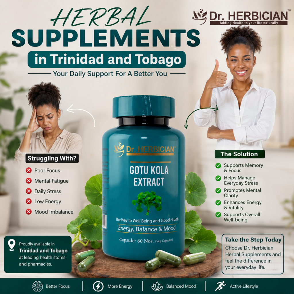 Dr. Herbician Gotu Kola Extract Herbal Supplements in Trinidad and Tobago helping support focus, mental clarity, energy, mood balance, and everyday wellness with a problem-to-solution concept.