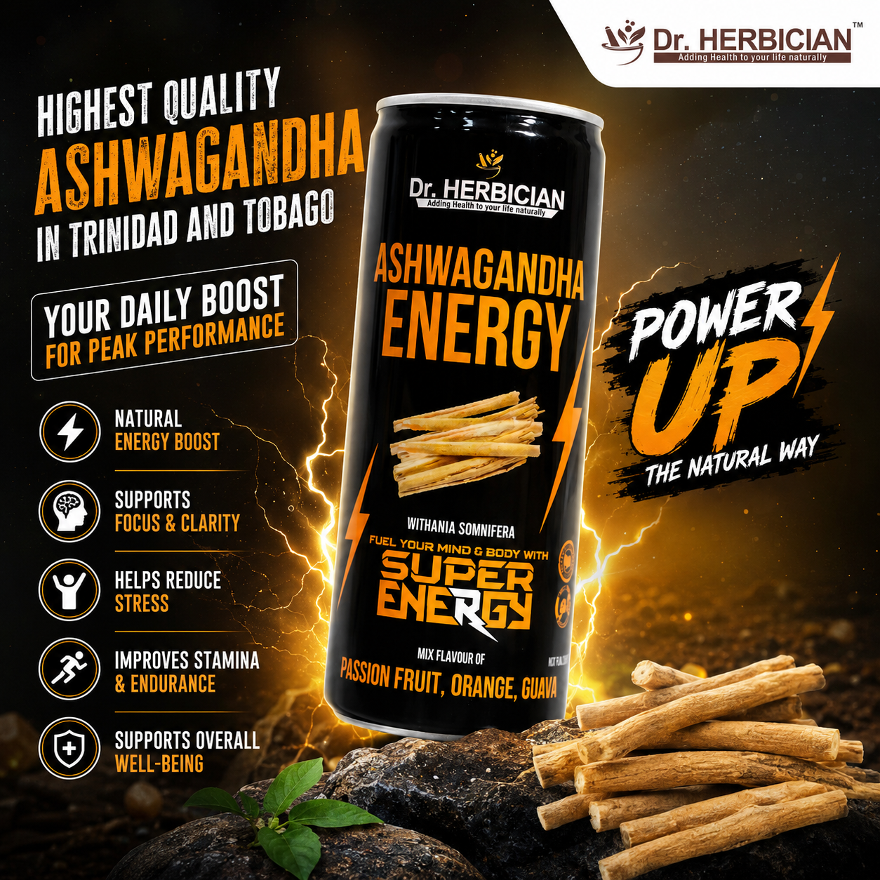 Highest quality Ashwagandha in Trinidad and Tobago – Dr. Herbician Ashwagandha Energy drink with premium product-focused design.