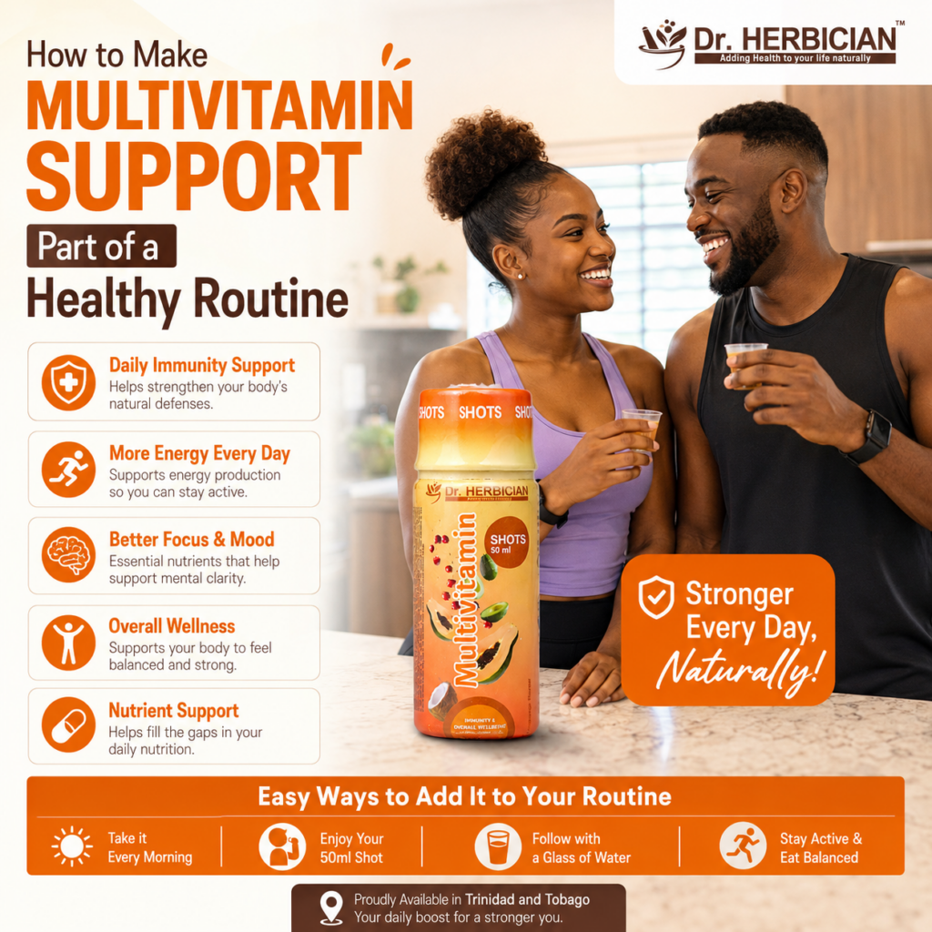 Dr. Herbician immunity multivitamin shot in Trinidad and Tobago with two people enjoying a daily wellness routine