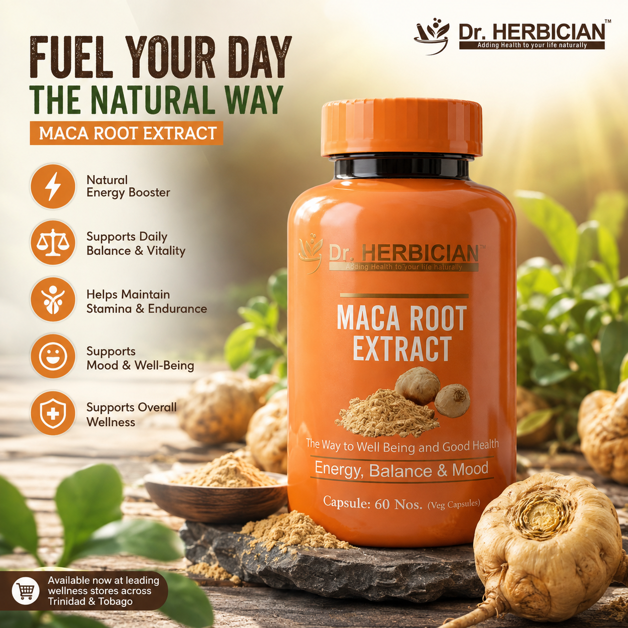 Dr. Herbician Maca Root Extract for daily energy, stamina, balance, mood and overall wellness in Trinidad and Tobago