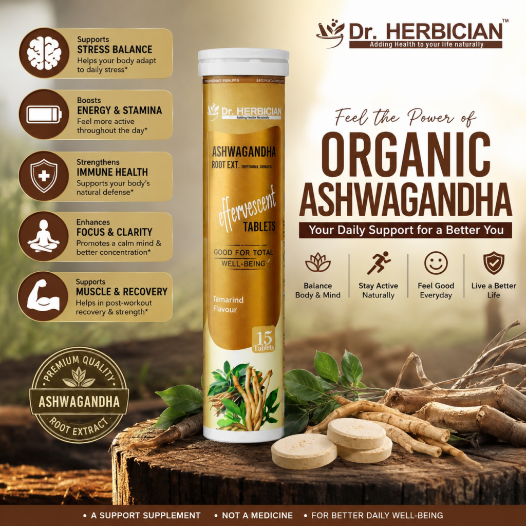 Dr. Herbician organic Ashwagandha root extract effervescent tablets with ashwagandha roots, highlighting support for stress balance, energy and stamina, immune health, focus, and muscle recovery.