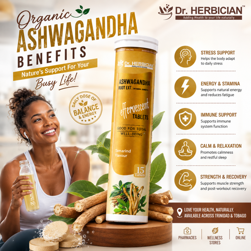 Dr. Herbician Ashwagandha effervescent tablets featuring organic ashwagandha benefits for daily wellness in Trinidad and Tobago.