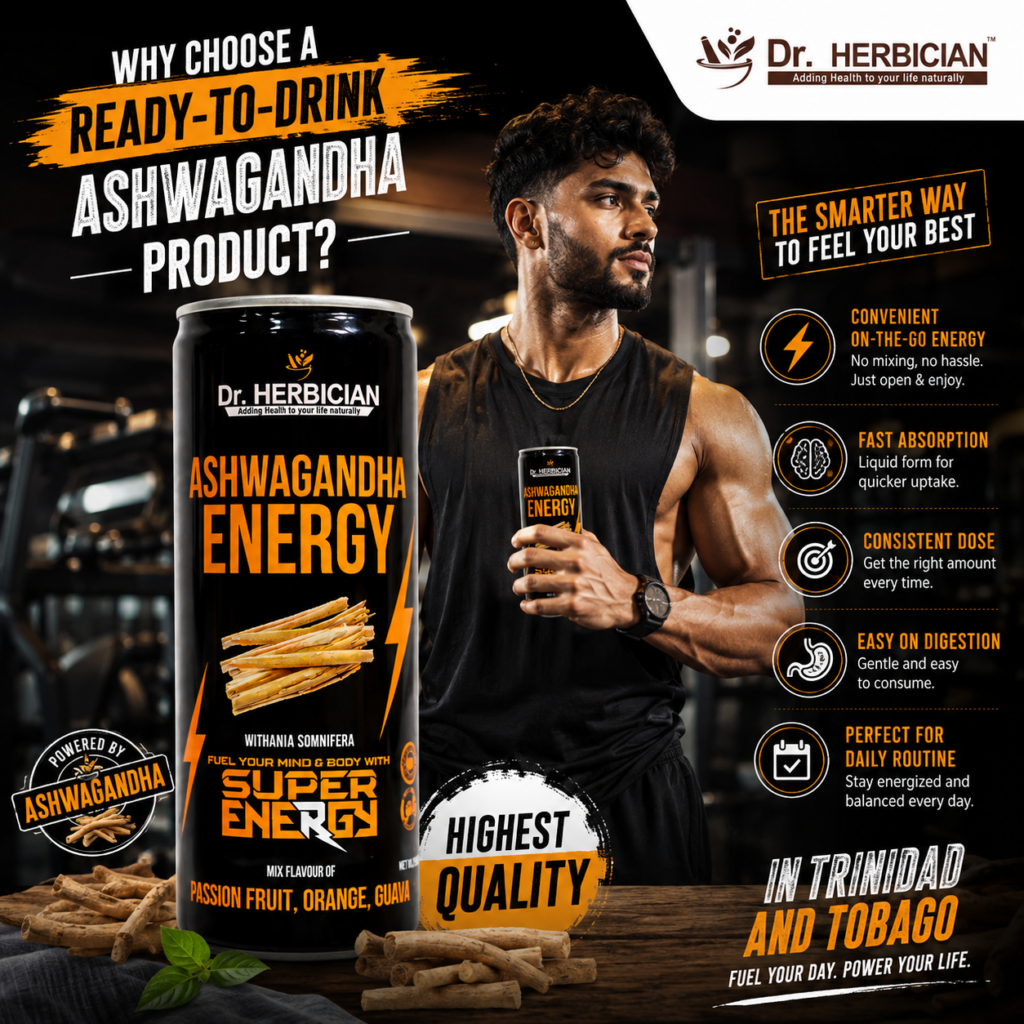 Ready-to-drink Ashwagandha Energy drink by Dr. Herbician in Trinidad and Tobago, featuring a premium product-focused design with wellness benefits.